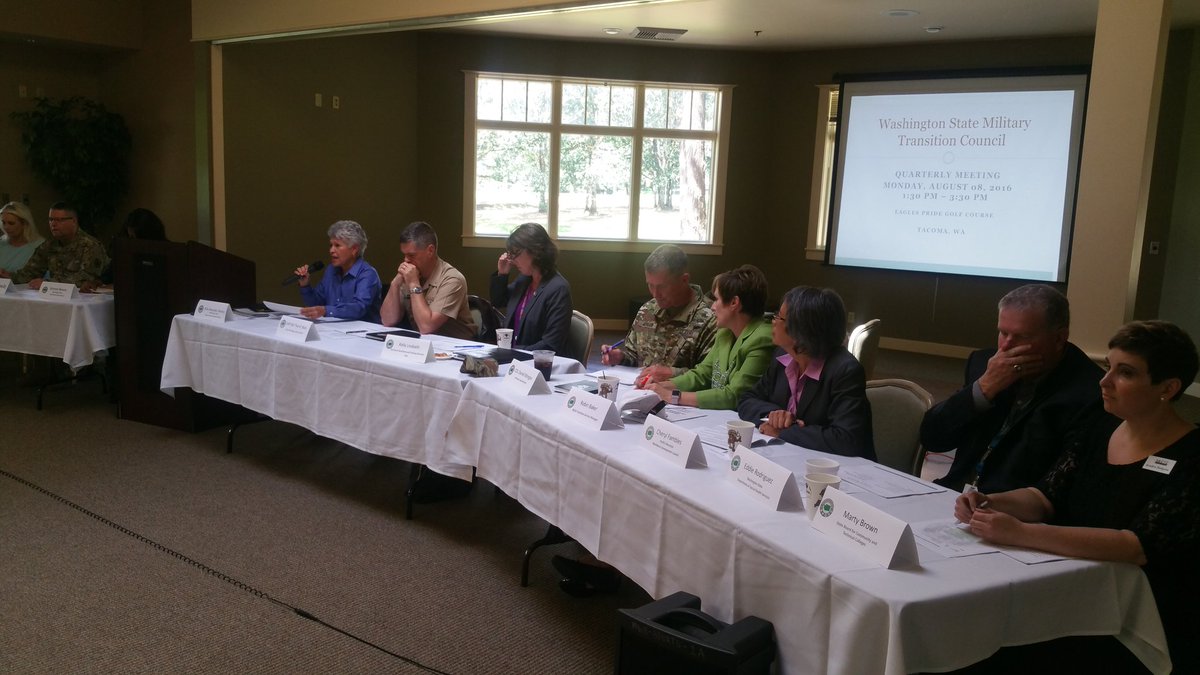 WDVA's tweet photo. .@StinaReeves from @WAStateCommerce is briefing the #WSMTC on military transition performance tracking metrics. https://t.co/hFx57wXz9B