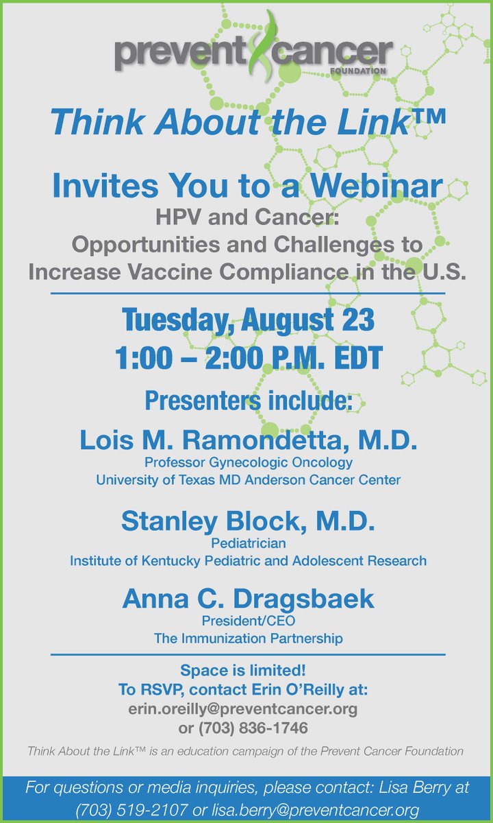 preventcancer's tweet photo. Register for a #ThinkAboutTheLink webinar discussing ways to improve #HPV vaccination rates on Aug. 23! https://t.co/8rlZq4FSSa