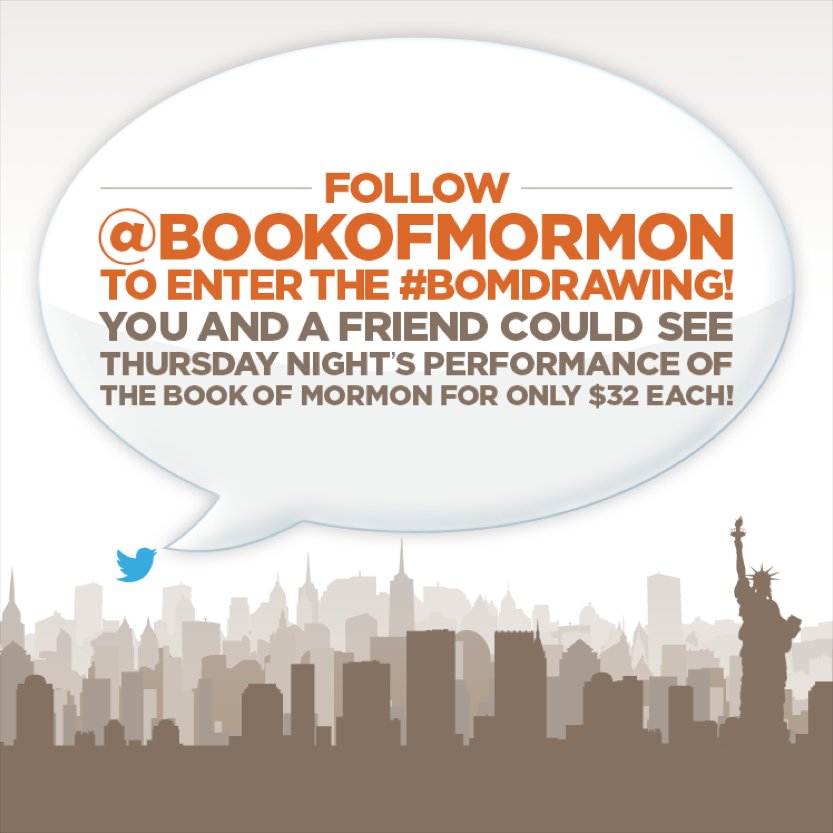BookofMormon's tweet photo. RT &amp; follow to enter the Broadway #BOMDrawing for THURS 10/13! Don’t miss out on $32 tix! 18+ only https://t.co/gGBq3LniPO