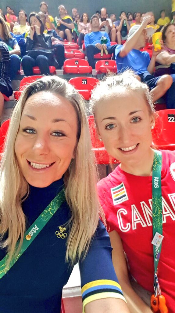 Competitors yesterday, friends today😉, had a great time checking out #Rio2016 gymnastics with <a href="/SaraMustonen/">Sara Mustonen</a>!