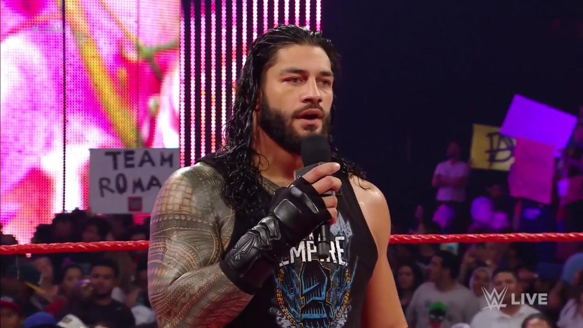 WWEUniverse's tweet photo. .@RusevBUL doesn't want a toast? @WWERomanReigns offers up a #SummerSlam challenge instead for the #USTitle! #RAW https://t.co/5nNhm1zgRB