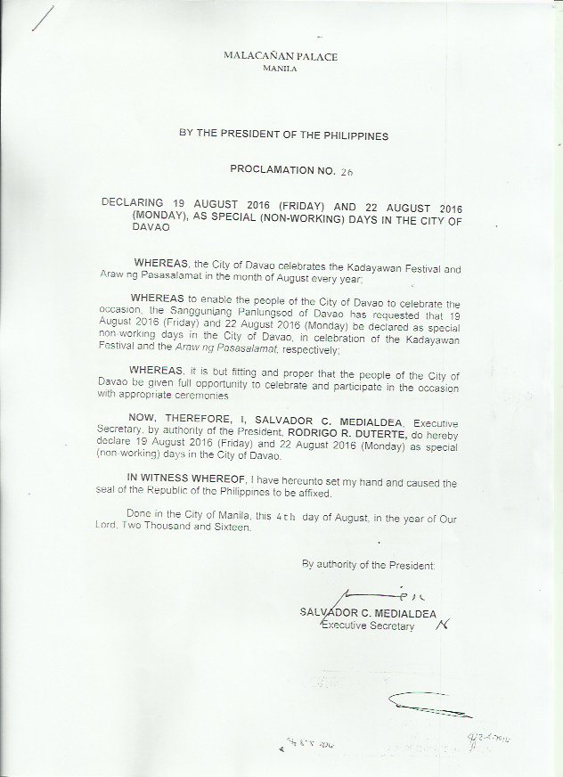 davaocitygov's tweet photo. Aug. 19 and 22 are declared special non-working days in Davao City in celebration of #kadayawan2016 #WalangPasok https://t.co/CSKdhuddS9