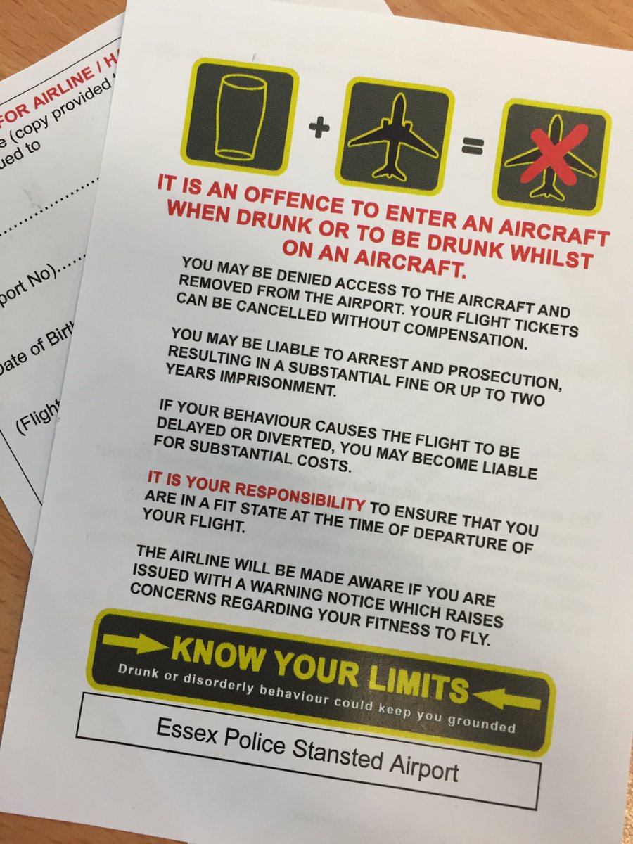 EssexPoliceSTN's tweet photo. If you're drunk &amp;/or your behaviour is unacceptable, you may miss your flight &amp; end up in our cells #Knowyourlimits https://t.co/ZFIPDiXh0R