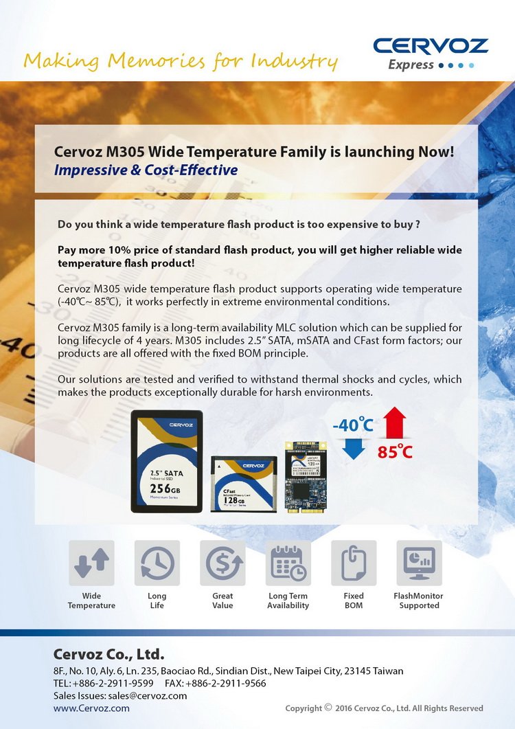 Cervoz M305 Wide Temperature Family is launching Now! - Impressive &amp; Cost-Effective 
#WideTemp. 
 #mSATASSD
#CFast