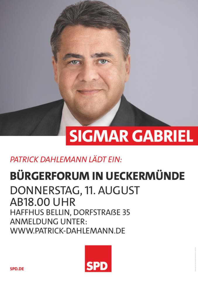 SPDLandtagMV's tweet photo. Save the date: #Bürgerforum mit unserem MdL @Dahlemann u. @spdde-Chef @sigmargabriel in #Ueckermünde. 11/08/16, 18 h https://t.co/iSa6foL6sj