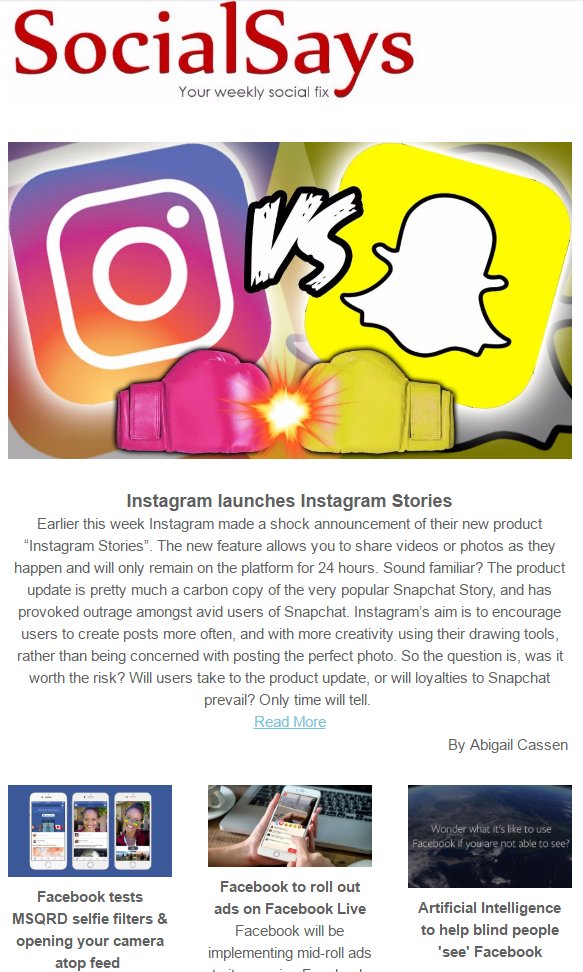 SMGSocialAds's tweet photo. Our #SocialSays newsletter is out now!
Instagram launches #InstagramStories, and much more! https://t.co/ET4Ik2kTJQ https://t.co/ciS6d7TdRg