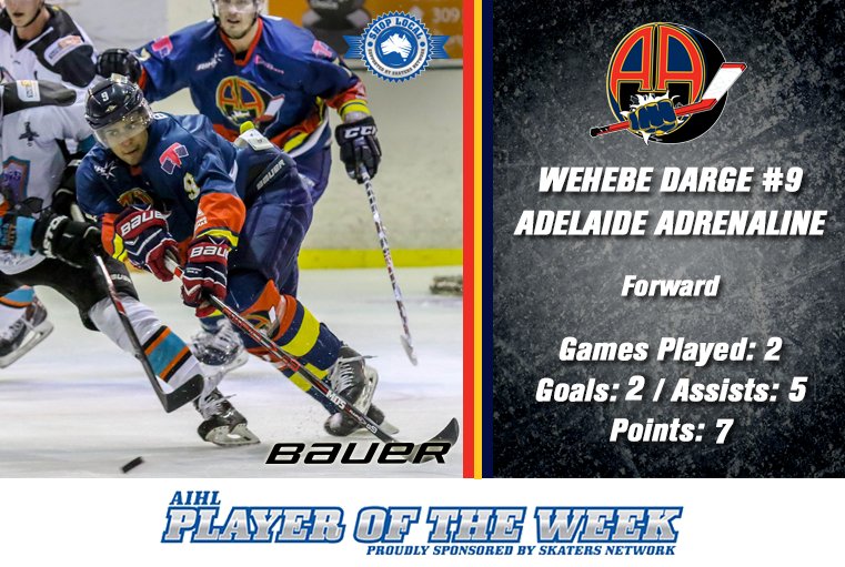 AIHL's tweet photo. The #SkatersNetwork Week 16 Local #AIHL Player of the Week is...@ADLAdrenaline's Wehebe Darge. #sticktap https://t.co/j9uY59zcnc
