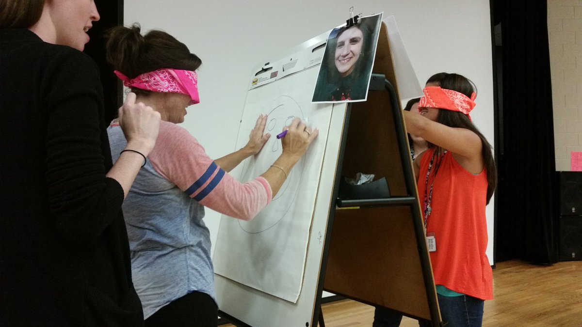 MStoneTHS's tweet image. Who thought up this game where teachers have to draw me blindfolded @KimVrana ! Hysterical! @WoodCreekJrHigh