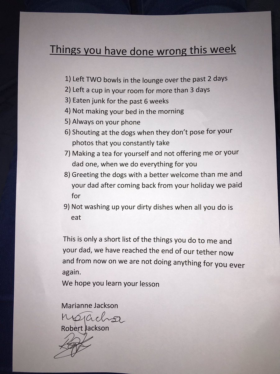 nicjackson345's tweet photo. I left 2 bowls in the lounge&amp;my mum is acting like I've killed someone, this is the list I got given for my actions https://t.co/bX1mKrF4Lx
