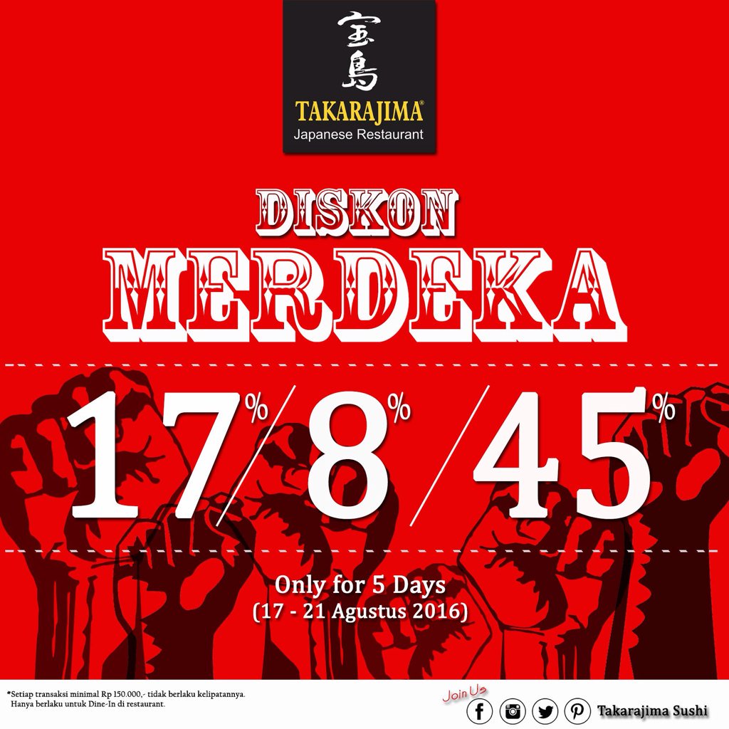 TakarajimaSushi's tweet image. Dapatkan Promo Diskon "MERDEKA" hingga 45% di seluruh outlet TAKARAJIMA. Valid only for 5 days...

MERDEKA !!!