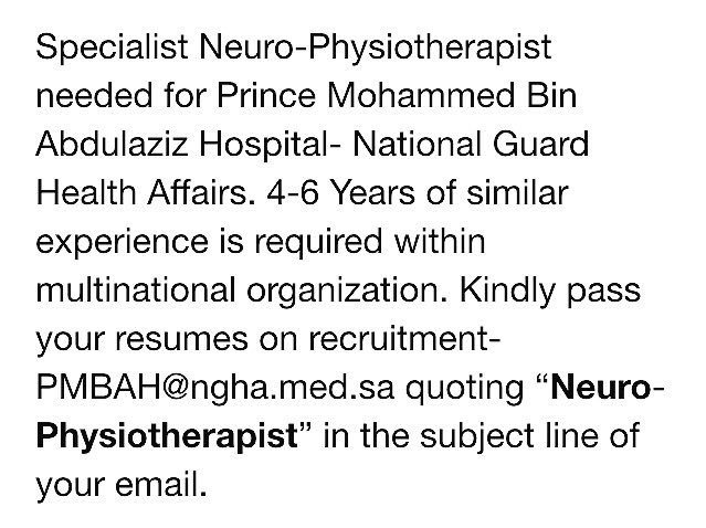 NGHA_PMBAH's tweet photo. Specialist Neuro-Physiotherapist needed 🏳 https://t.co/XBneVYzSg6