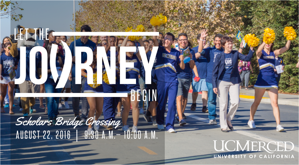 UCMChancellor3's tweet image. Let the Journey Begin! Join us as we welcome our newest Bobcats next week on the bridge. Aug. 22 9:30am #UCMerced