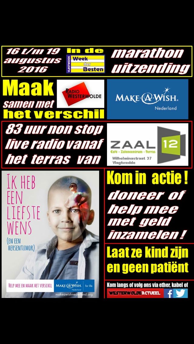 Vanaf vandaag luister je naar de #marathonuitzending van #radio <a href="/westerwolde/">RTV Westerwolde</a> voor <a href="/MakeAWishNL/">Make-A-Wish NL</a> succes allemaal!!