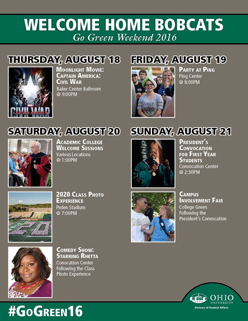 OHIOStudentLife's tweet photo. Bobcats are slowly returning to campus! Celebrate move-in weekend with these #GoGreen16 events, all FREE to students https://t.co/0NVzQw4Dxy