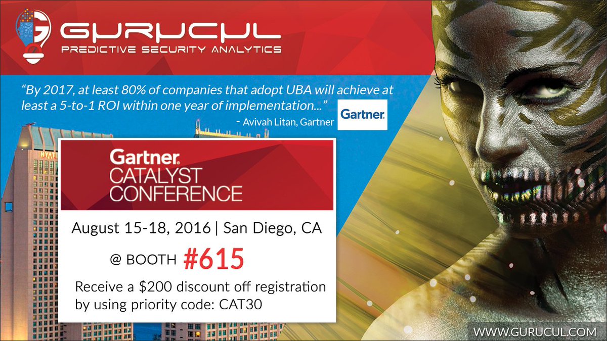 Gurucul's tweet image. .@Gurucul's at #GartnerCAT in San Diego! Visit booth #615 to learn about #UserBehaviorAnalytics #UEBA #1UBAPlatform