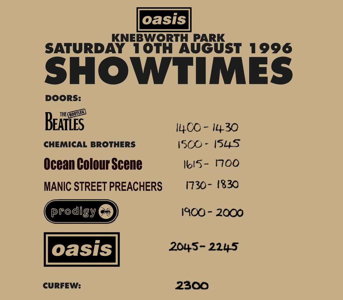 Show times for the 1st night of Knebworth, 10th August, 1996