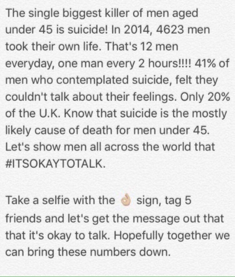 dapperlaughs's tweet photo. Suicide is the biggest killer of men under 45. I support #ITSOKTOTALK. tag 5 people Take your picture @theCALMzone. https://t.co/azQjScR5Hi