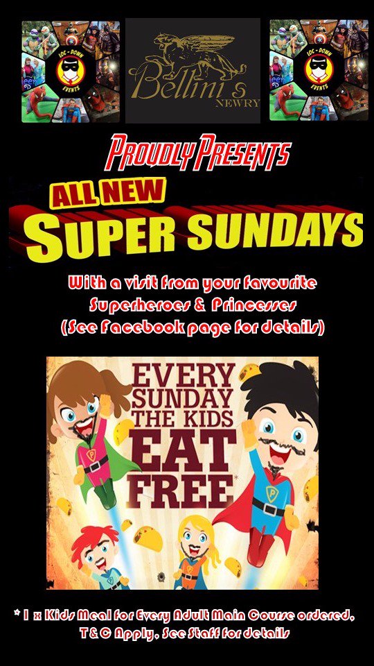 Brand new #Supersundays at #bellinisnewry where Kids eat Free and this week we have a special visit from the Turtles