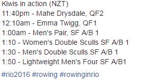 It's going to be a great day of racing in Rio! Here's the Kiwi schedule (NZT). #rowing #rowinginrio #NZL