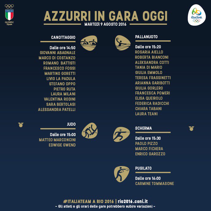 ItaliaTeam_it's tweet photo. Quali sono gli azzurri oggi in campo per vivere il sogno olimpico? È il 4° giorno di gare a #Rio2016 #italiateam https://t.co/wo5H1o5ITS