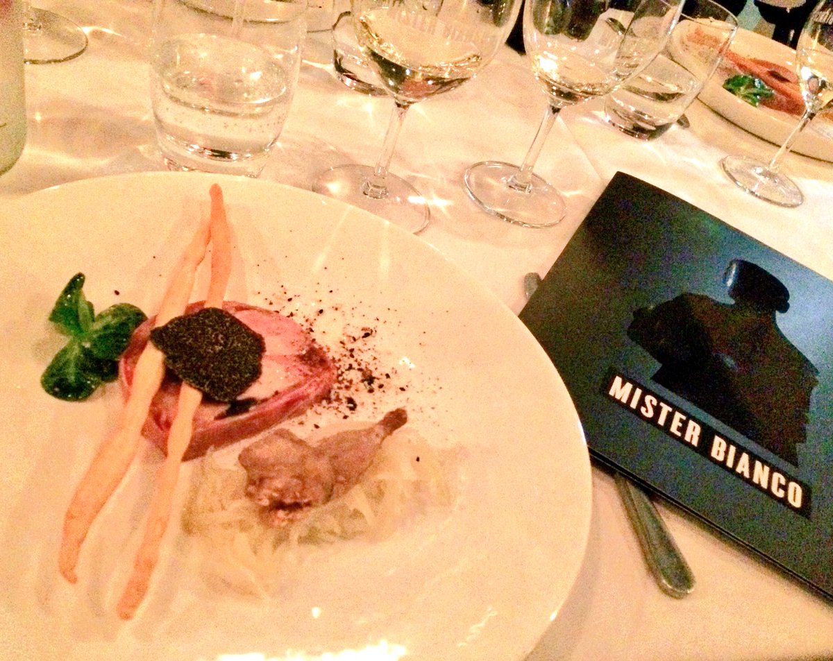 Great pairing of pork + black garlic terrine, #quail &amp; pickled kohlrabi with <a href="/chalmerswines/">Tennille Chalmers</a> #Greco @mister_bianco1