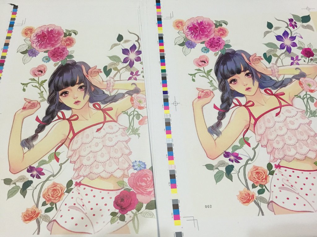 平泉康児 編集者 マツオヒロミさんの画集ですが 本文は2種類のインクで色校を取り マツオさんに検討いただきました 写真左側が 通常インク で 右側が 広演色インク の色校 今回はマツオさんのイメージする色に近い 通常インクを採用することに