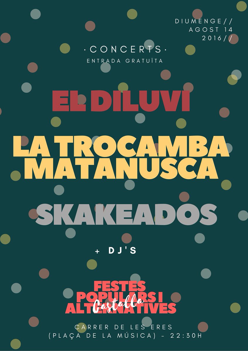 el_Diluvi's tweet photo. Diumenge les @FPACastalla van a donar molt que parlar! i a la nit. @el_diluvi + @latrocamba + @skakeados DE GRATIS https://t.co/6Cwd0YRlLa