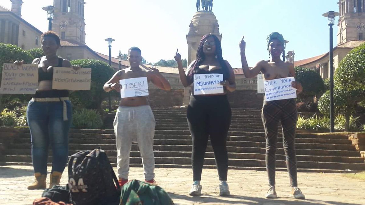 maseramaru's tweet photo. Happening now: Black womxn staging a naked protest outside of the union buildings. Because #BoycottWomxnsday https://t.co/v0zlF9HPkL