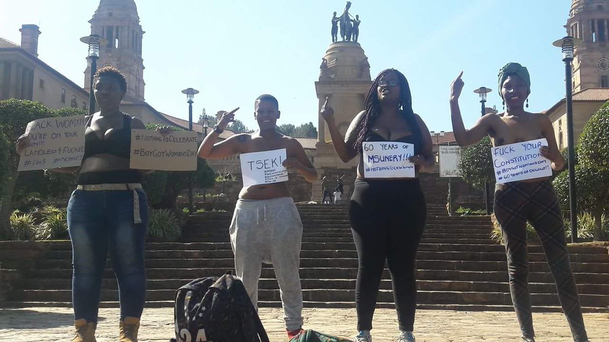 maseramaru's tweet photo. Happening now: Black womxn staging a naked protest outside of the union buildings. Because #BoycottWomxnsday https://t.co/v0zlF9HPkL