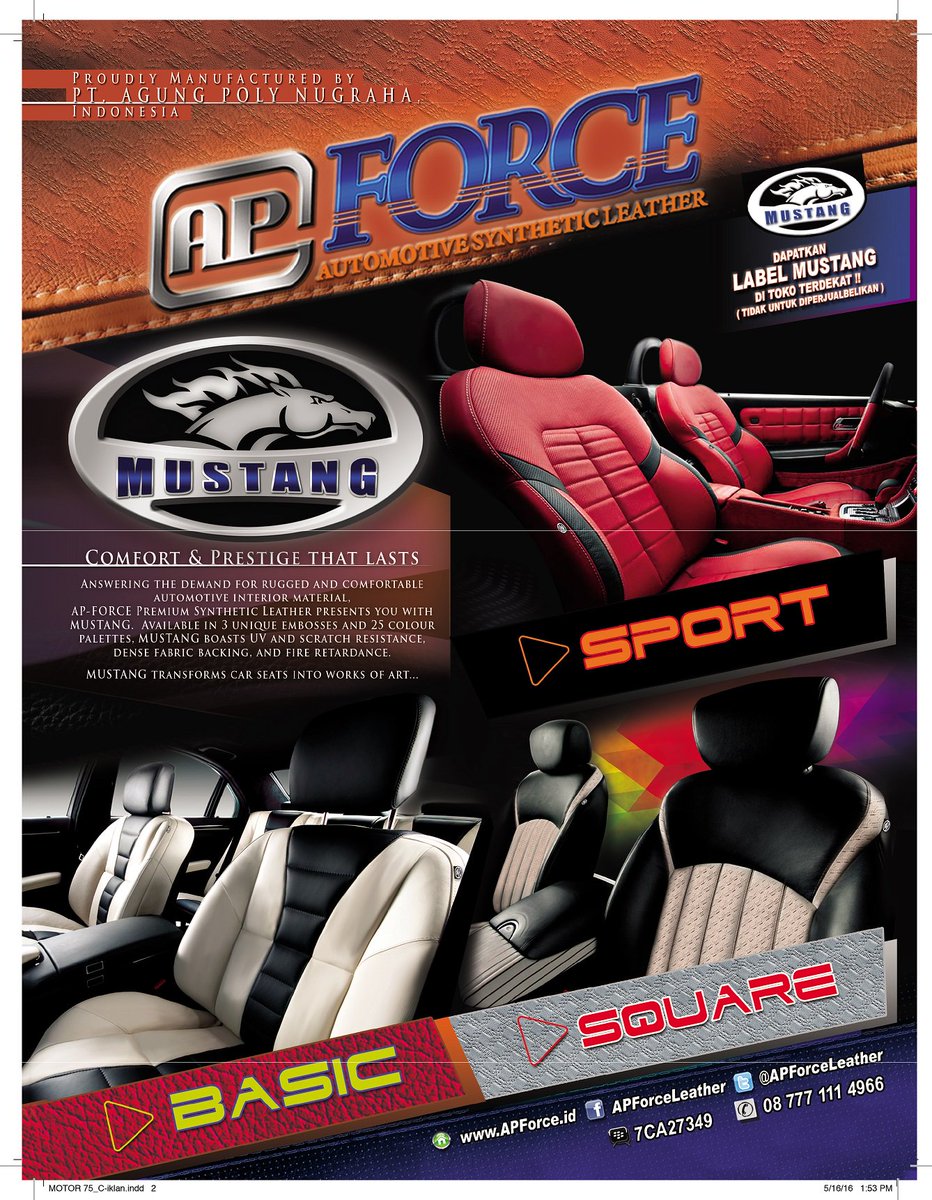 MajalahMOTOR's tweet photo. Mustang @apforceleather memiliki 3 motif modern dgn 25 warna dr elegant hingga sporty #mustang #apforce #apnleather https://t.co/YA5UmcHCfT