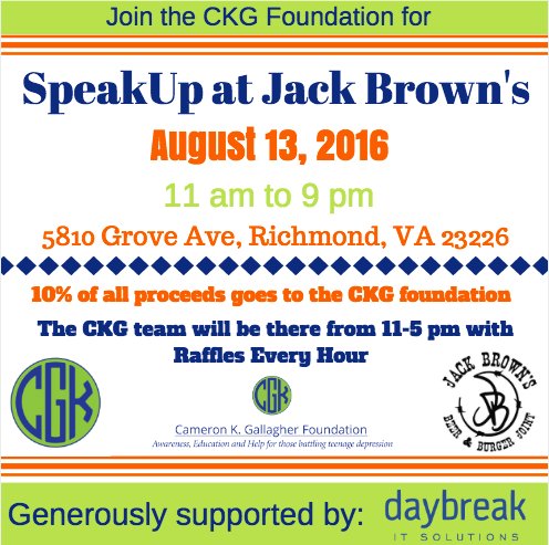 Join us on Saturday from 11-9 to support the CKG Foundation at Jake Brown's!  #SpeakUp #RVA