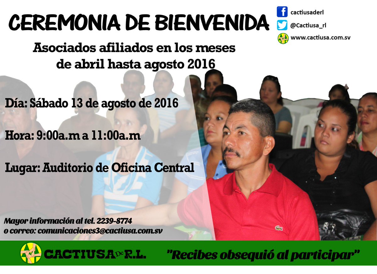 Cactiusa_rl's tweet photo. Invitamos nuestros nuevos asociados del periodo Abril hasta Agosto 2016 a participar de nuestra charla. @Cactiusa_rl https://t.co/Clr9pyFrys