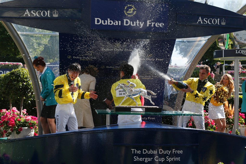 DDFRacing's tweet photo. Champagne moment. #TeamROW win the 2016 Dubai Duty Free Shergar Cup. #DDFSC https://t.co/OB6on7VPBY