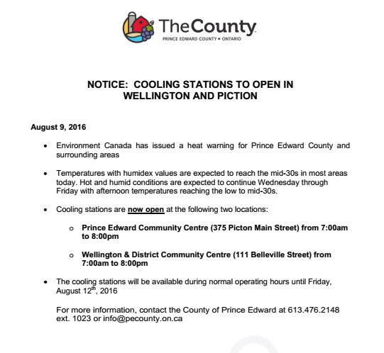 Shire_Hall's tweet image. Heat Advisory in effect in the County.  Cooling stations available in Picton and Wellington. See notice for details: