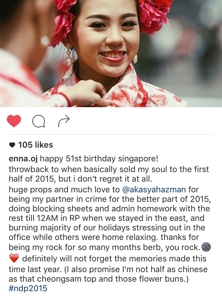 akasyahxoxo's tweet photo. Jo's Insta dedicated post hit me right in the feels. Only we know how much we sacrificed ourselves last year. #ndp15 https://t.co/m6gFfwu2Nj