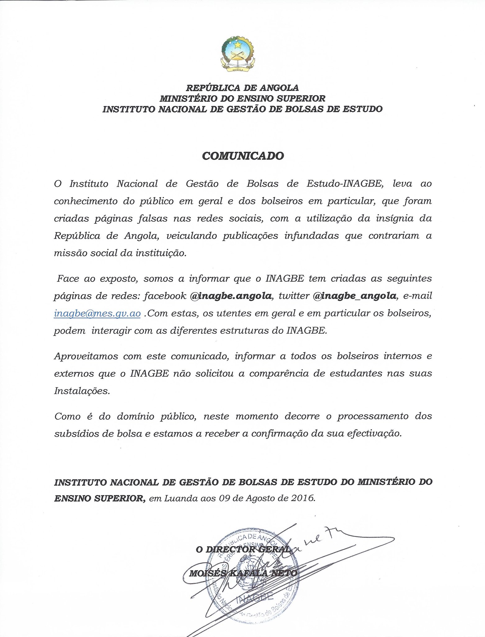 Inagbe Angola Inagbe Angola Comunicado