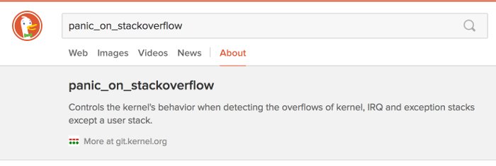 duckduckhack's tweet image. Lookup files for #Sysctl, the interface for kernel parameters:
duckduckgo.com/?q=panic_on_st…
By github.com/majuscule