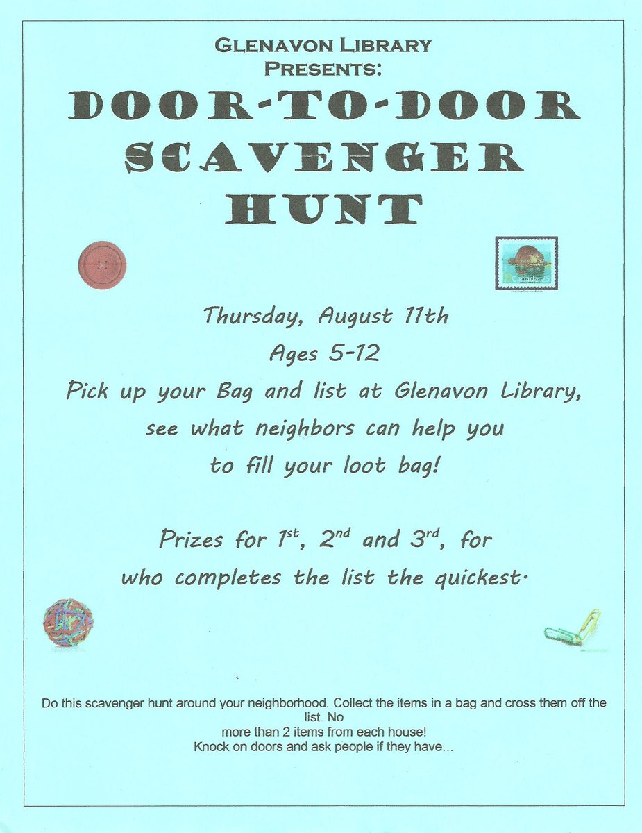 On Thursday we are having a Scavenger Hunt! Ages 5-12. Pick up your list and a bag at the Library!