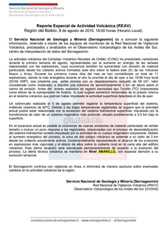 infobiobio's tweet photo. Se mantiene alerta Amarilla para complejo volcánico #NevadosdeChillan pero se extiende a 3 km zona de alto peligro. https://t.co/8EkRV28oi4