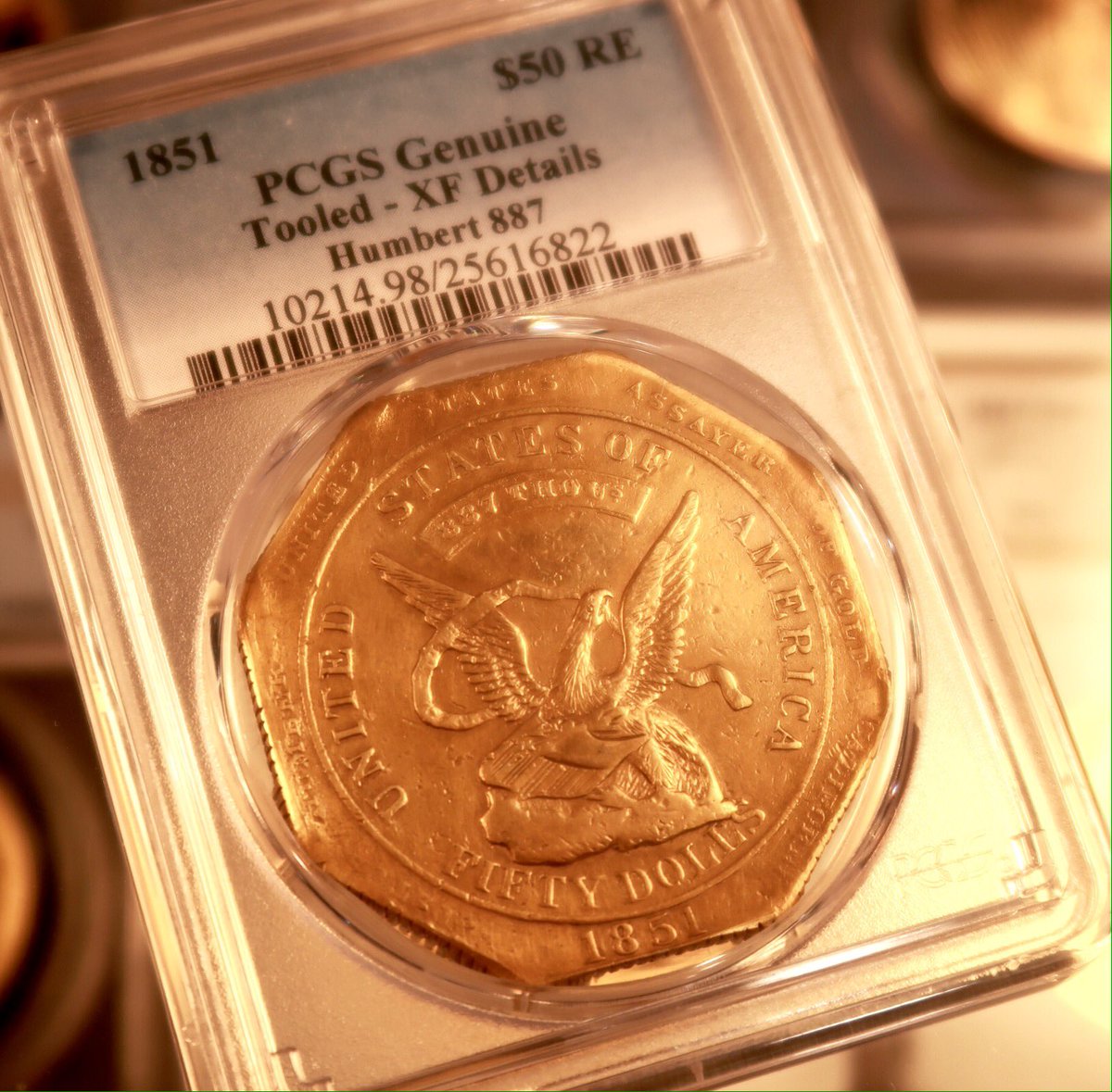 CoinStacker's tweet image. Very cool 1851 $50 Humbert Gold Slug ANA table 820 #californiagold #WFM2016 #WorldsFairofMoney #PCGS #coinstacker