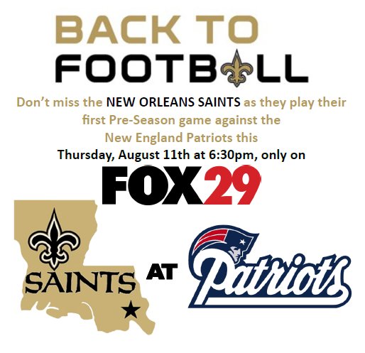 CWLakeCharles's tweet photo. Watch the first SAINTS Pre-Season game THIS WEEK on our sister station, @FOX29LC!! https://t.co/rvPIEnNX6P