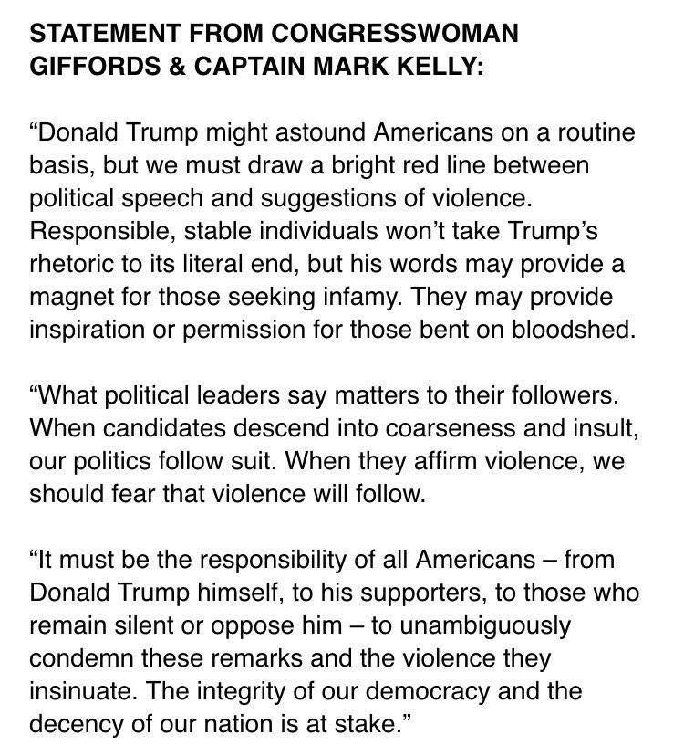 laureldavilacpa's tweet photo. Statement from Congresswoman Giffords and Captain Mark Kelly. 2nd Amendment #Enough #GunViolence https://t.co/TodlJ8o7fr