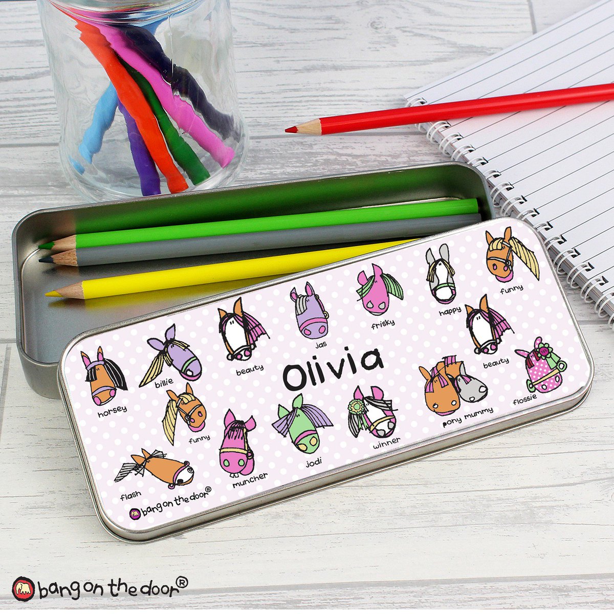 Check out our personalised bang on the door pony pencil tin with pencil crayons. 

ow.ly/qcKH302SNx8