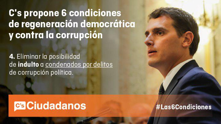 CiudadanosCs's tweet photo. 🍊 4ª 👉🏻 eliminar la posibilidad de indulto a condenados por delitos de corrupción política
#Las6Condiciones https://t.co/VCFgFPv2VQ