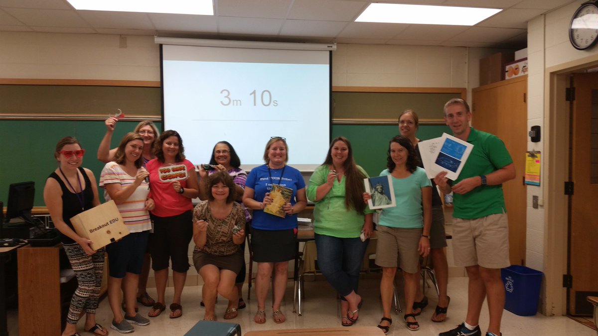 jonathanspike's tweet photo. Our 10:00 #BreakoutEDU group ESCAPED with 3:10 remaining. Can the 2:00 group beat them? #SLA16 #GBL @greenbayschools https://t.co/wwrBU6weS1