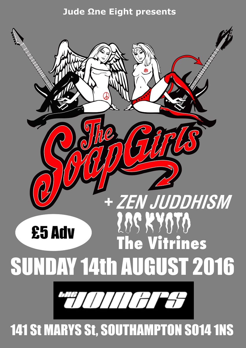 joinerslive's tweet photo. This Sunday @The_SoapGirls are in the house! + @ZenJuddhism @loskyoto @TheVitrines - https://t.co/PR2j1vOsPo 4 TIX https://t.co/vS9XpTtlTa