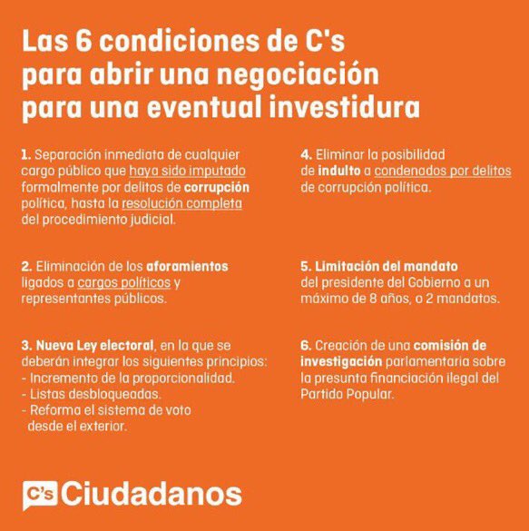 Albert_Rivera's tweet photo. Sin compromiso contra la corrupción no hay negociación de investidura posible. Habrá negociación si hay regeneración https://t.co/sn9UcgWASN