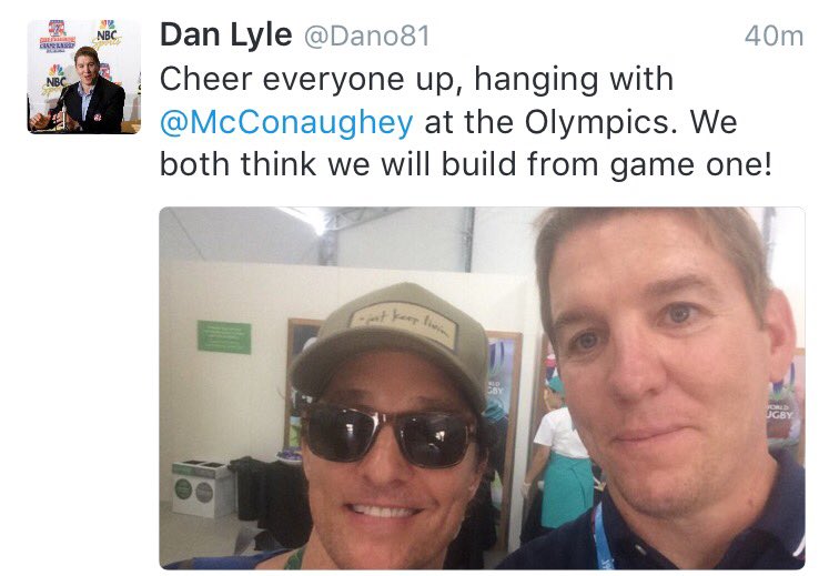 USASevensRugby's tweet photo. When @Dano81 & @McConaughey tell you to cheer up, you cheer up. Alright, alright, alright! #LetTheDogsLoose https://t.co/MBrigCLvcQ