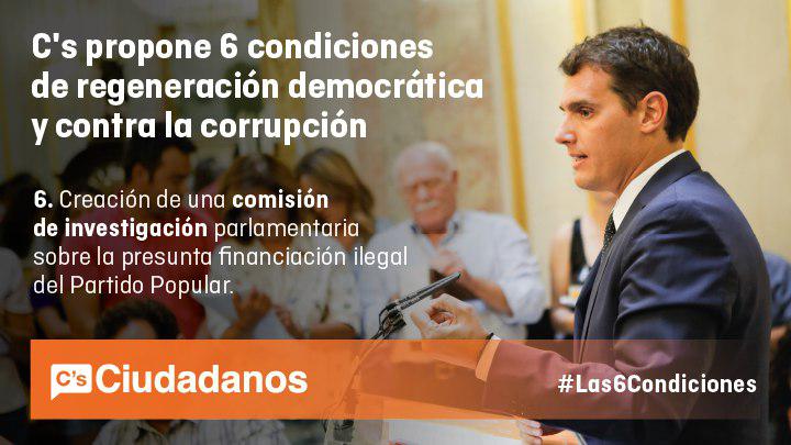 CiudadanosCs's tweet photo. 🍊 6ª 👉🏻 creación de una comisión parlamentaria para investigar la financiación ilegal del PP
#Las6Condiciones https://t.co/Hf3JgydGVx