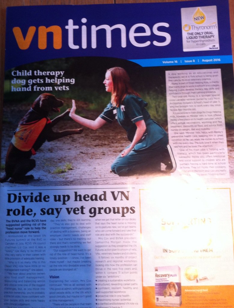 AHS_YearNL's tweet photo. Another appearance in the news for our Ripley. This time it's the Vet Nurse Times. @dhkcharity https://t.co/KwOaQrlLin